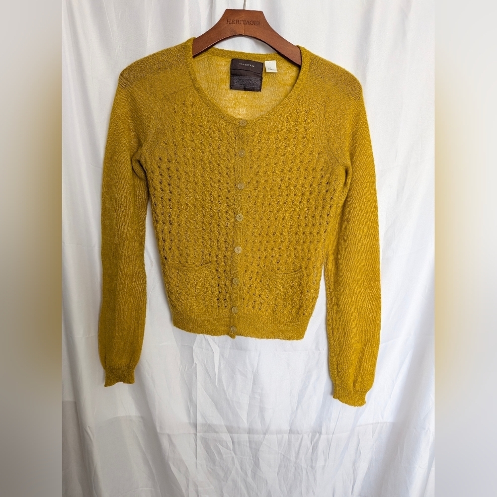 Anthropologie Guinevere sheer mustard yellow wool blend cardigan Size Small